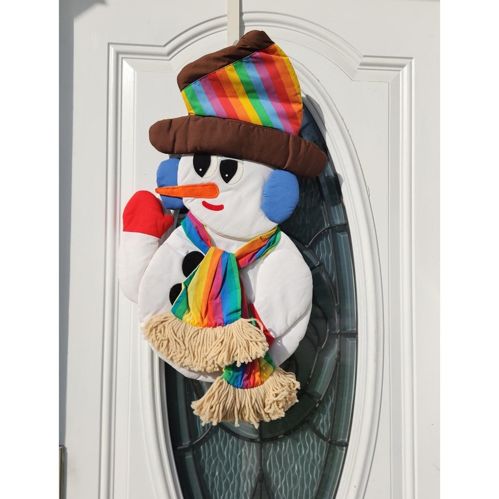 Vintage 80s USA Rainbow Snowman Fabric Christmas Door Hanger